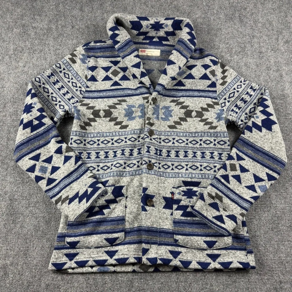 Levi's Cardigan Mens Large Blue Southwestern Shawl Collar Fleece Sweater